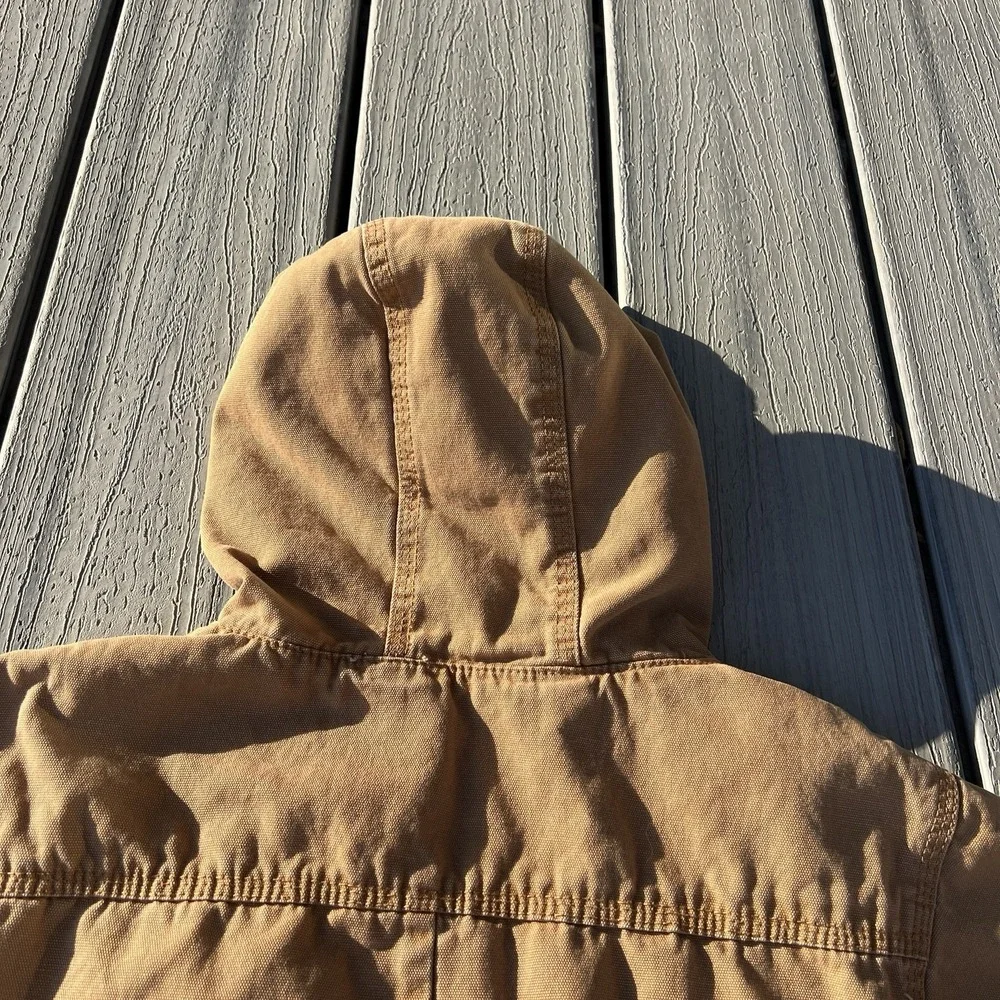 Vtg Walls Duck Canvas Hooded Work Jacket Tan Plaid Lined Chore Coat Men's Small
